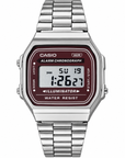שעון יד דיגיטלי Casio A168WA-5A – כסוף עם מסך בורדו