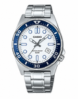שעון CASIO MTD-135D-7AVPF לגבר כסוף עם לוח לבן ובזל כחול
