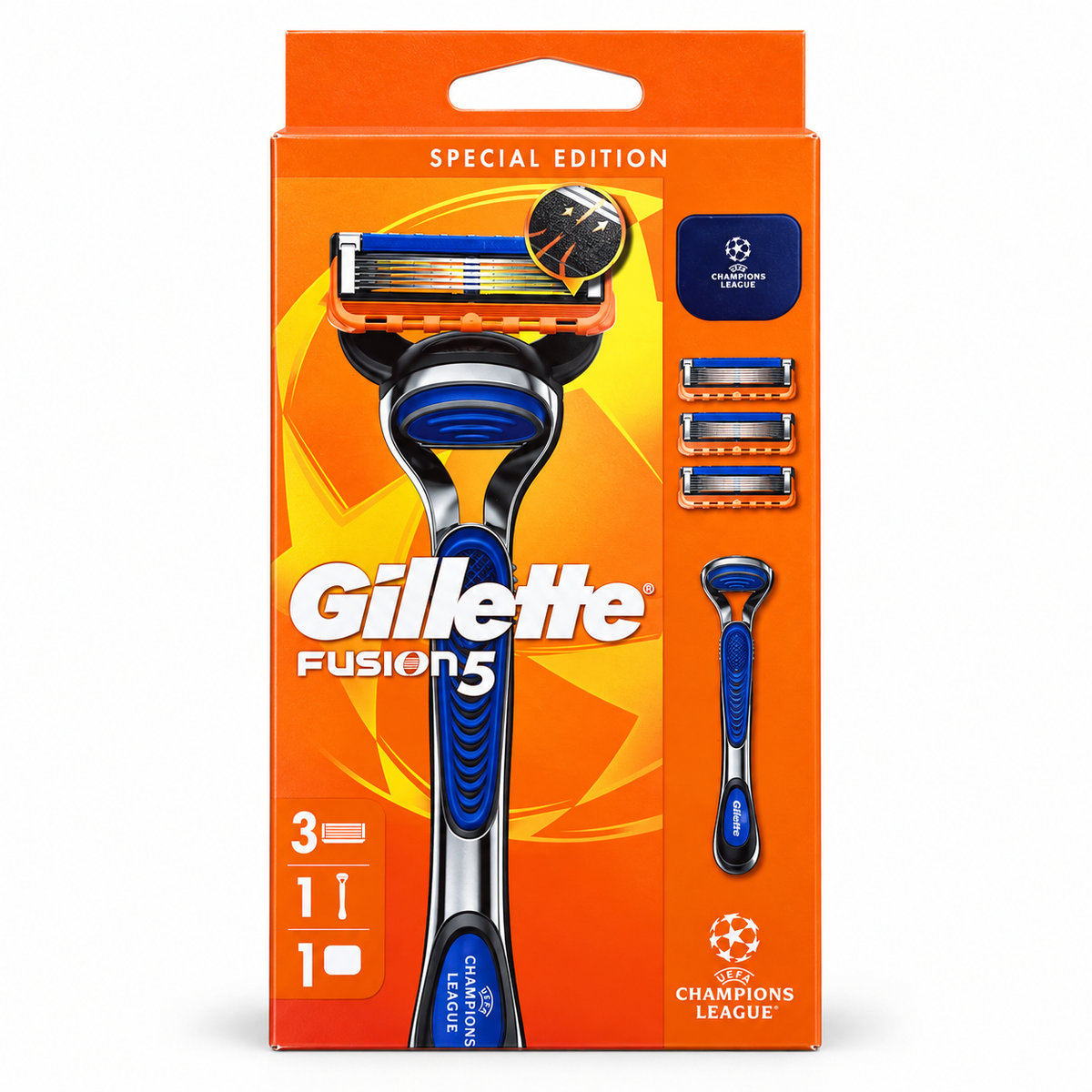 מארז גילוח Gillette Fusion5 מהדורת ליגת האלופות – ידית + 3 מחסניות