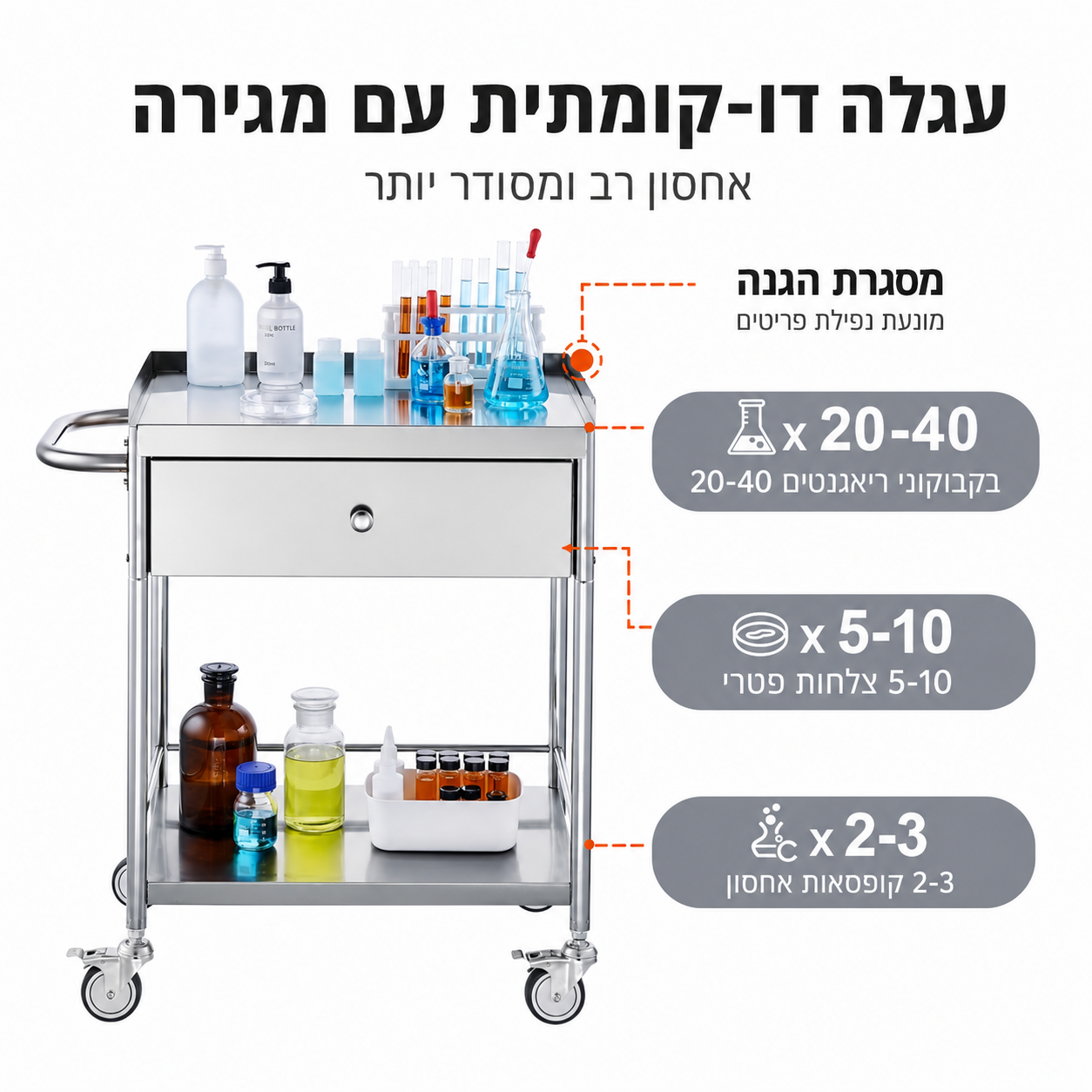 עגלת עבודה מקצועית למספרה מנירוסטה עם מגירה וגלגלים