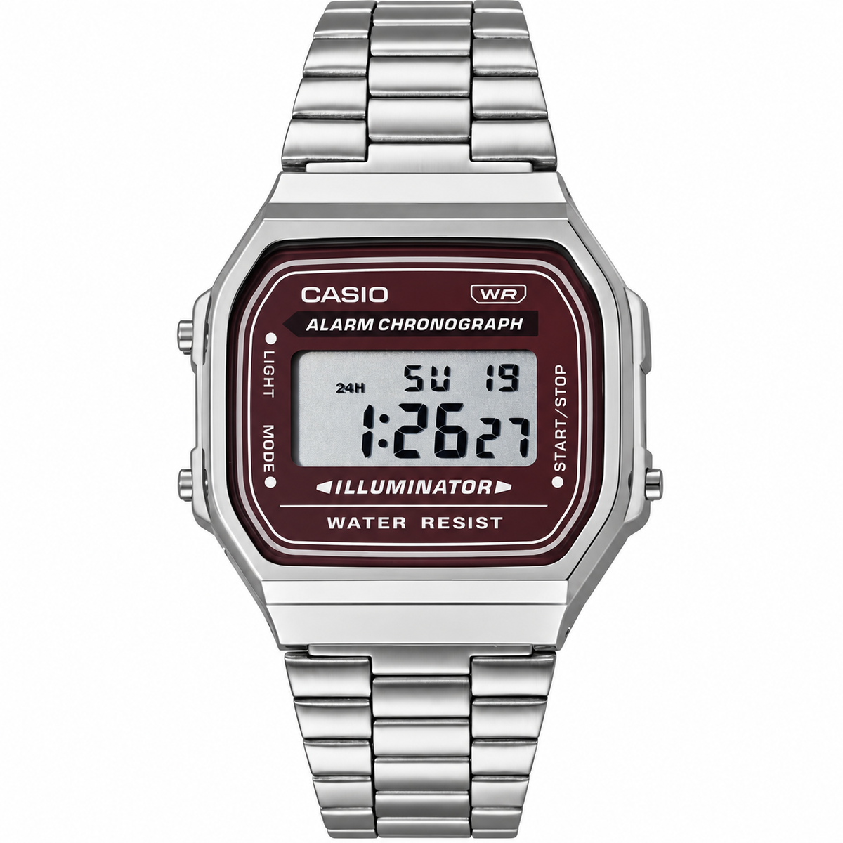 שעון יד דיגיטלי Casio A168WA-5A – כסוף עם מסך בורדו