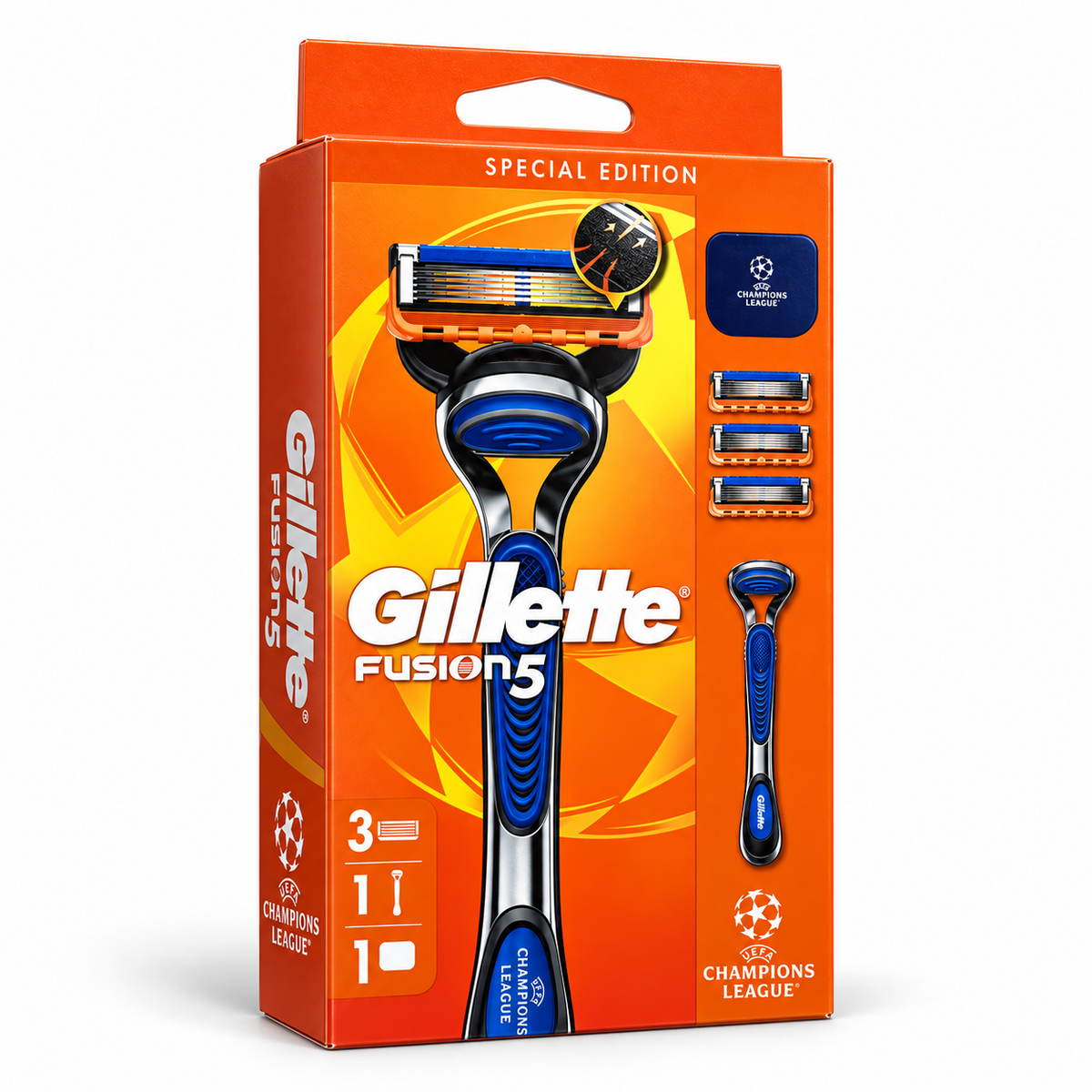 מארז גילוח Gillette Fusion5 מהדורת ליגת האלופות – ידית + 3 מחסניות
